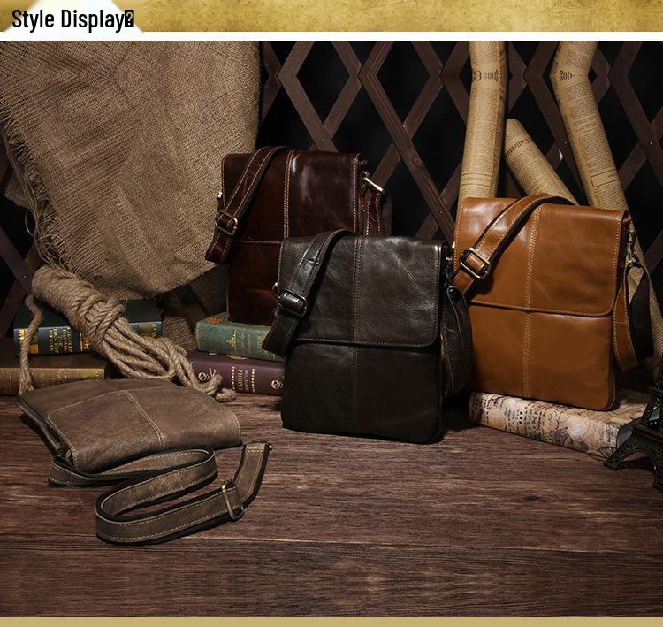 Men's Vintage Genuine Leather Vertical Crossbody Bag - Large Capacity, Vegetable Tanned Shoulder Bag