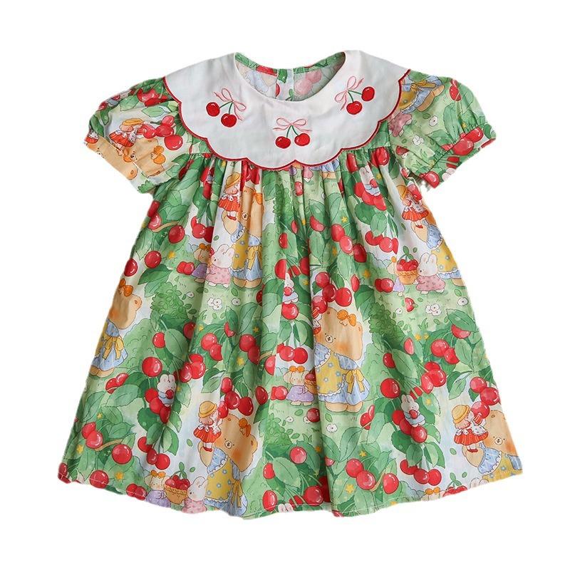 Girls Summer Cherry Embroidered Peter Pan Collar Short Sleeve Dress Sweet Princess Children Dress 90cm