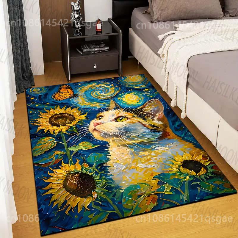 15 sizes Cat with butterfly and sunflowers Print Carpet Rug for Living Room Bedroom Sofa Doormat Home Decor Non-slip Floor Mat
