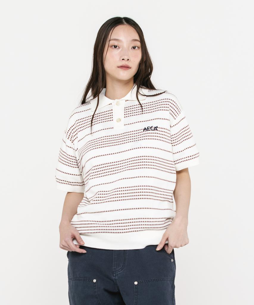 AECA Stripe Structure Collar Neck Half Knit-White/Brown