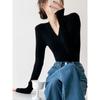 Women's Black V-Neck Slimming Long Sleeve Base Layer T-Shirt, 2025 Winter High-End Style