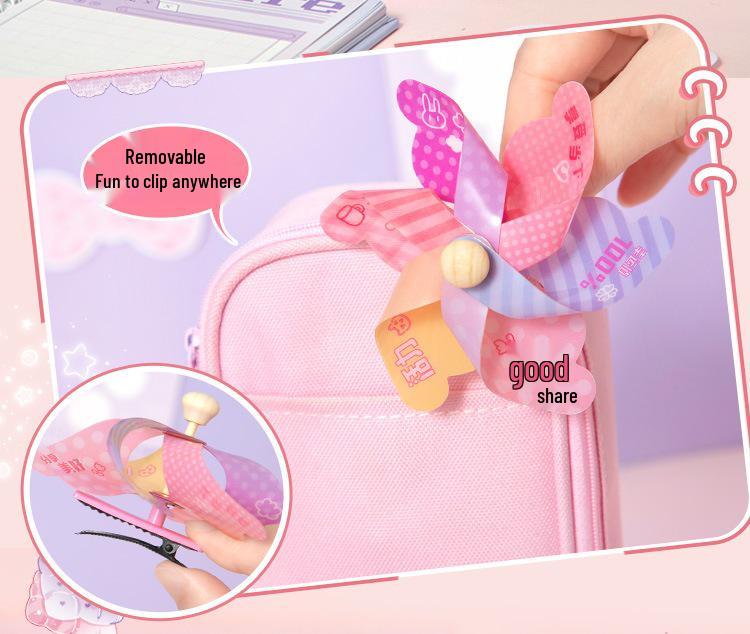Lucky Pinwheel Pencil Case: Heart-Shaped, Large Capacity, Girly Backpack Design.