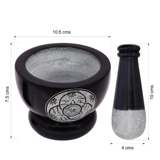 Divit Shilp Mortar and Pestle, Natural Stone Grinder for Spices, Pastes, Herbs, Seasoning etc. (Black with Engraving)