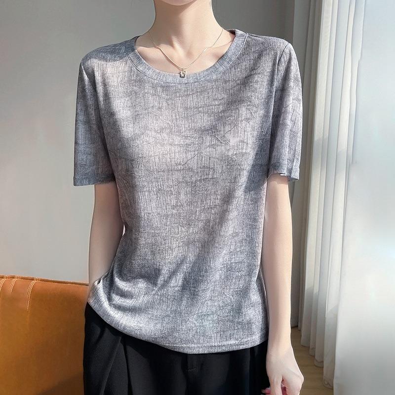 Women's New Summer Tie-dye Ink Painting Short-sleeved Casual Versatile Thin Positive Shoulder Round Neck T-shirt