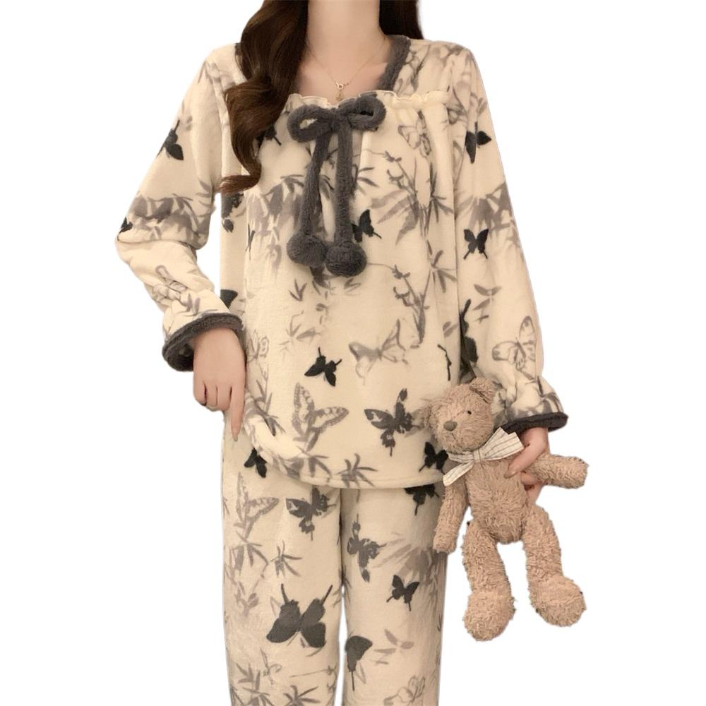 Women Flannel Pajama Set Winter Thick Warm Square Neck Long Sleeve Princess Style Bow Butterfly Casual Loungewear Home Sleepwear