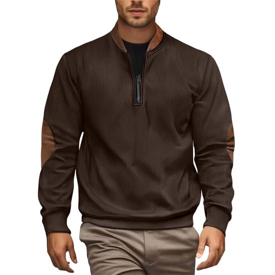 Men Sweatshirt Half Zipper Plaid Stand Collar Elbow Decoration Pullover Tops Long Sleeve Jacket Work Date Wear