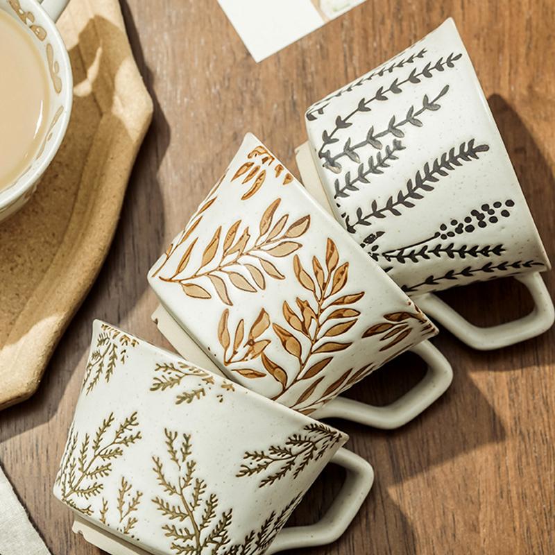 300ml Ceramic Coffee Mug Tea Cup Milk Latte Coffee Cups Vintage Leaf Pattern Porcelain Tea Mug Home Office Water Cup Drinkware