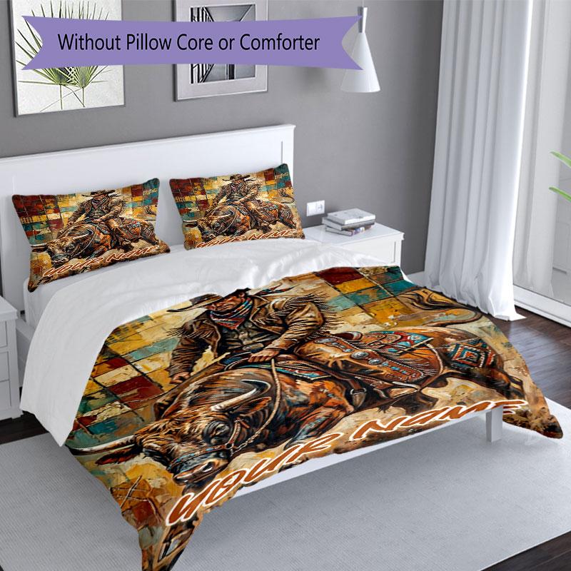 3PC Custom Name Rodeo Rider Bull Bedding Set Duvet Cover Closure Includes 1 Duvet Cover & 2 Pillowcases for Bedroom