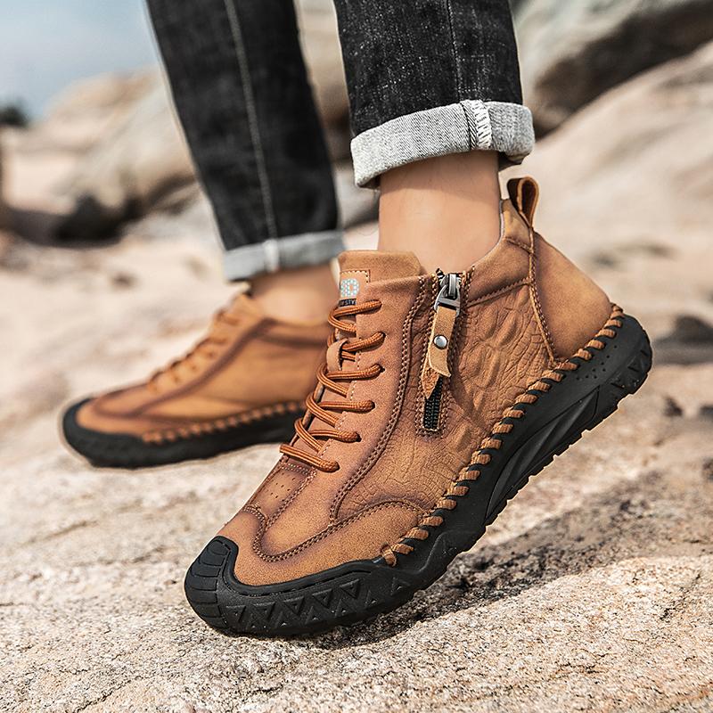 Fashion Mens Leather Casual Loafers Solid Color Sewing Style Vintage Hand Stitching Oxfords Shoes Ankle Boots Daily Work Office Shoes