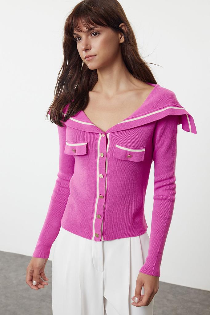 Women's Fashion Stylish Cardigan Pink Color Block Turn-down Collar Knitwear Cardigan