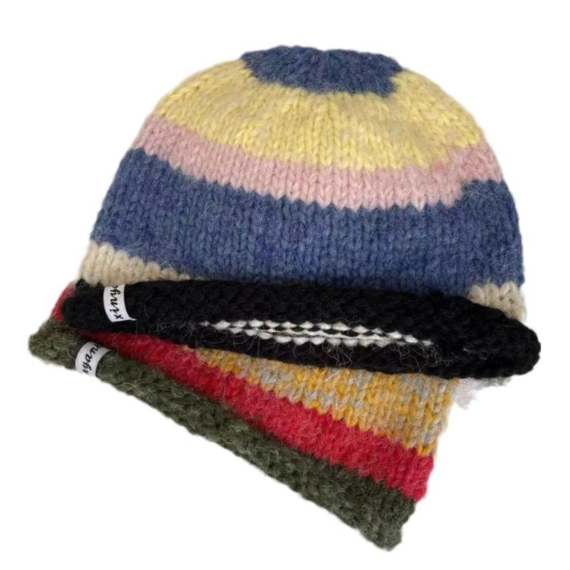 Traveling Bucket Hat Crochet Striped Plush Fisherman Hat for Y2K Girls Shopping