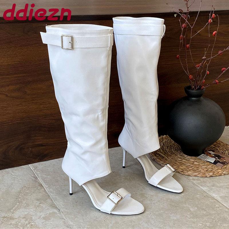 Fashion Female Open Toe Footwear Round Toe Women Knee High Boots Shoes With Thin Heels Fashion Buckle Ladies Heeled Sandals Boots Shoes