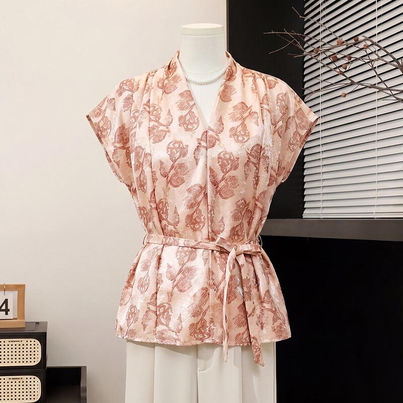 New Chinese Style Rose Jacquard V-Neck Blouse 3XL