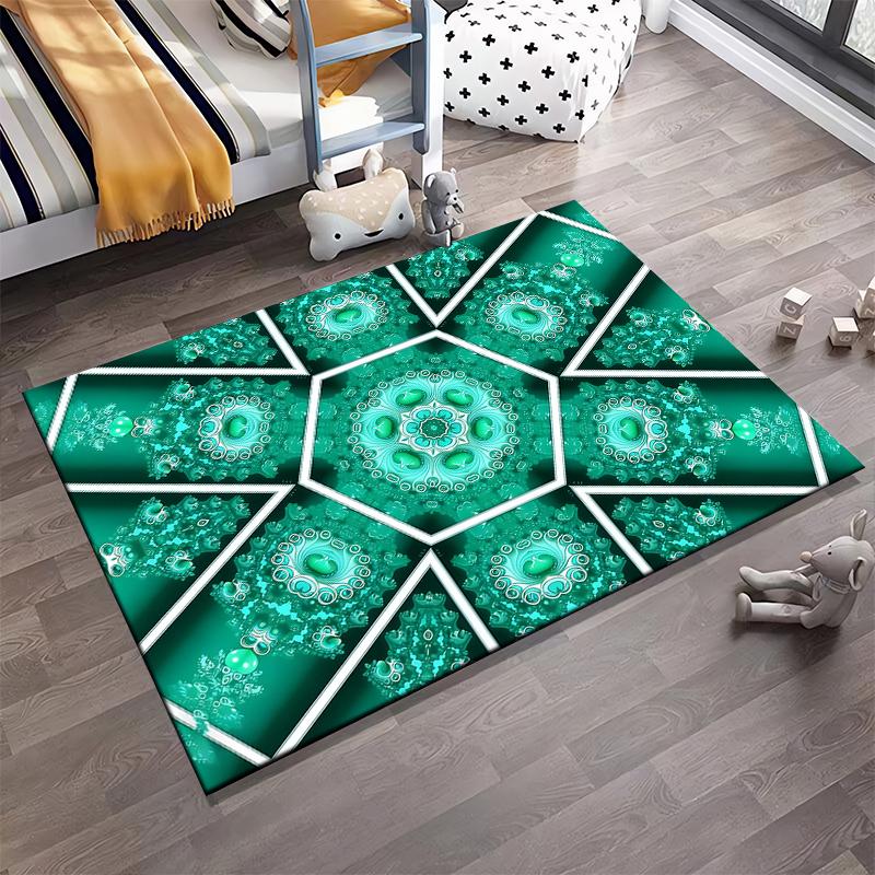 Geometric Mandala Pattern Green Carpet, Abstract Modern Style Rug Suitable for use as an anti-slip for living room bedroom sofas