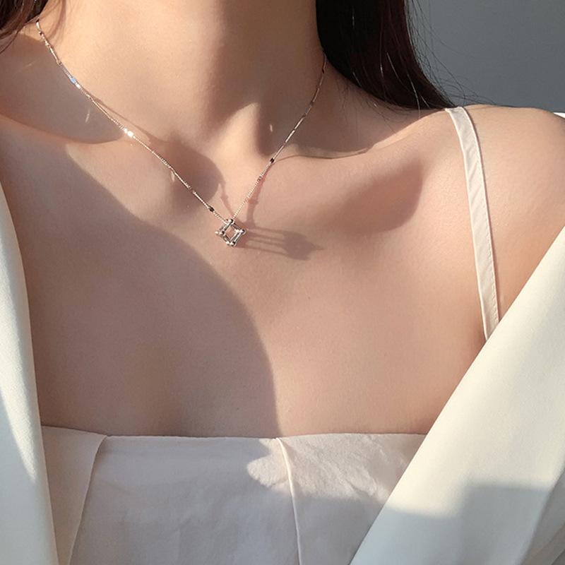Creative Geometry Hollowed-out Cubic Pendant Necklace for Woman Korean Personalized Collarbone Chain Jewelry