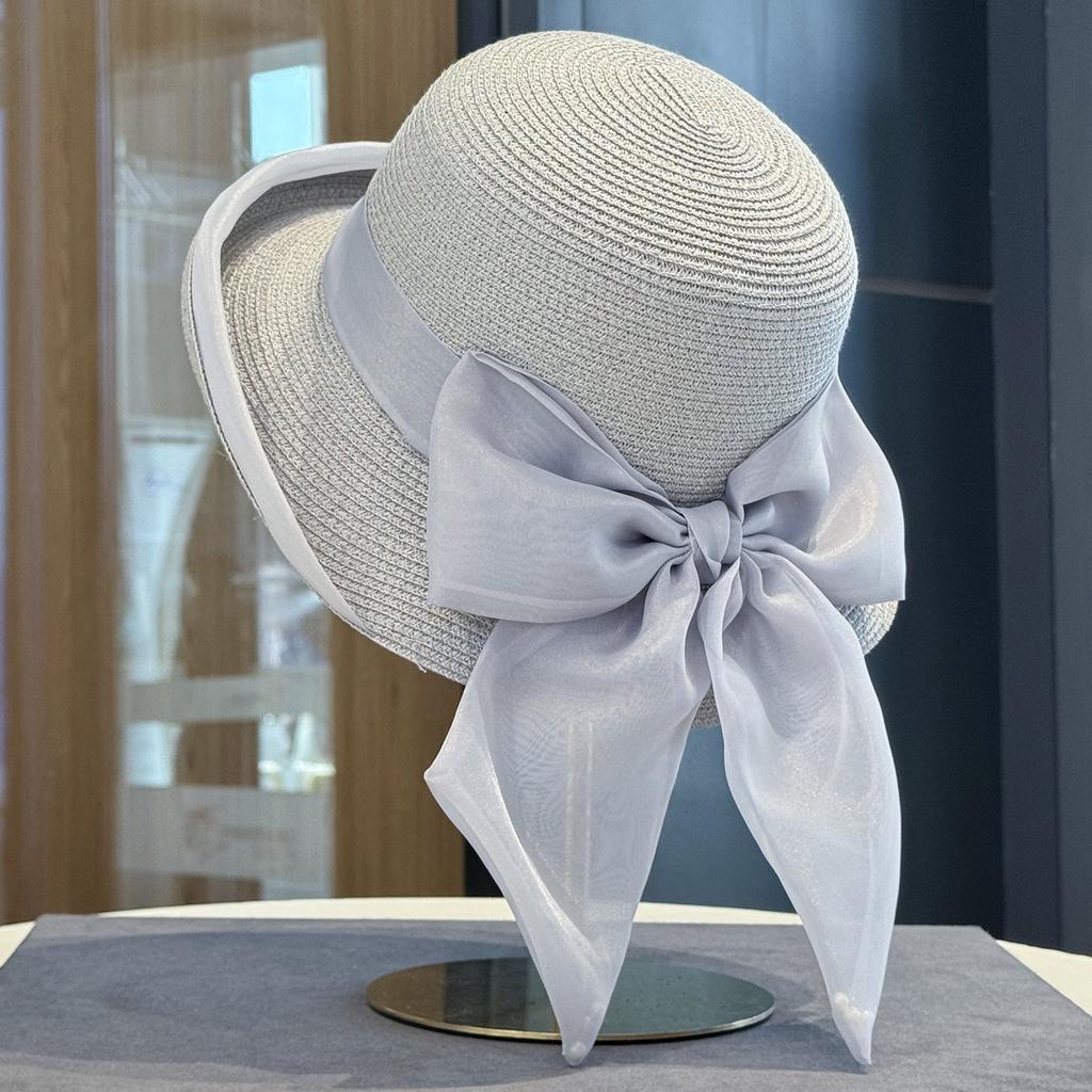 Korean Style Bow Woven Sun Hat for Kids Wide Brim Small Face Summer Outdoor Vacation Style Grass Hat