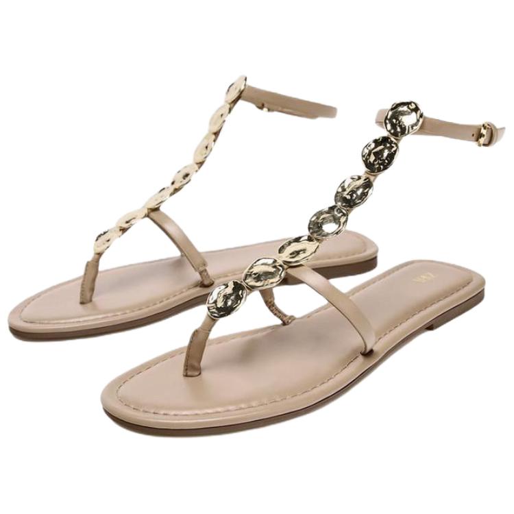 Zara Pu Open Toe Vintage Beaded Flat Sandals Women Sandals Beige 2613510098