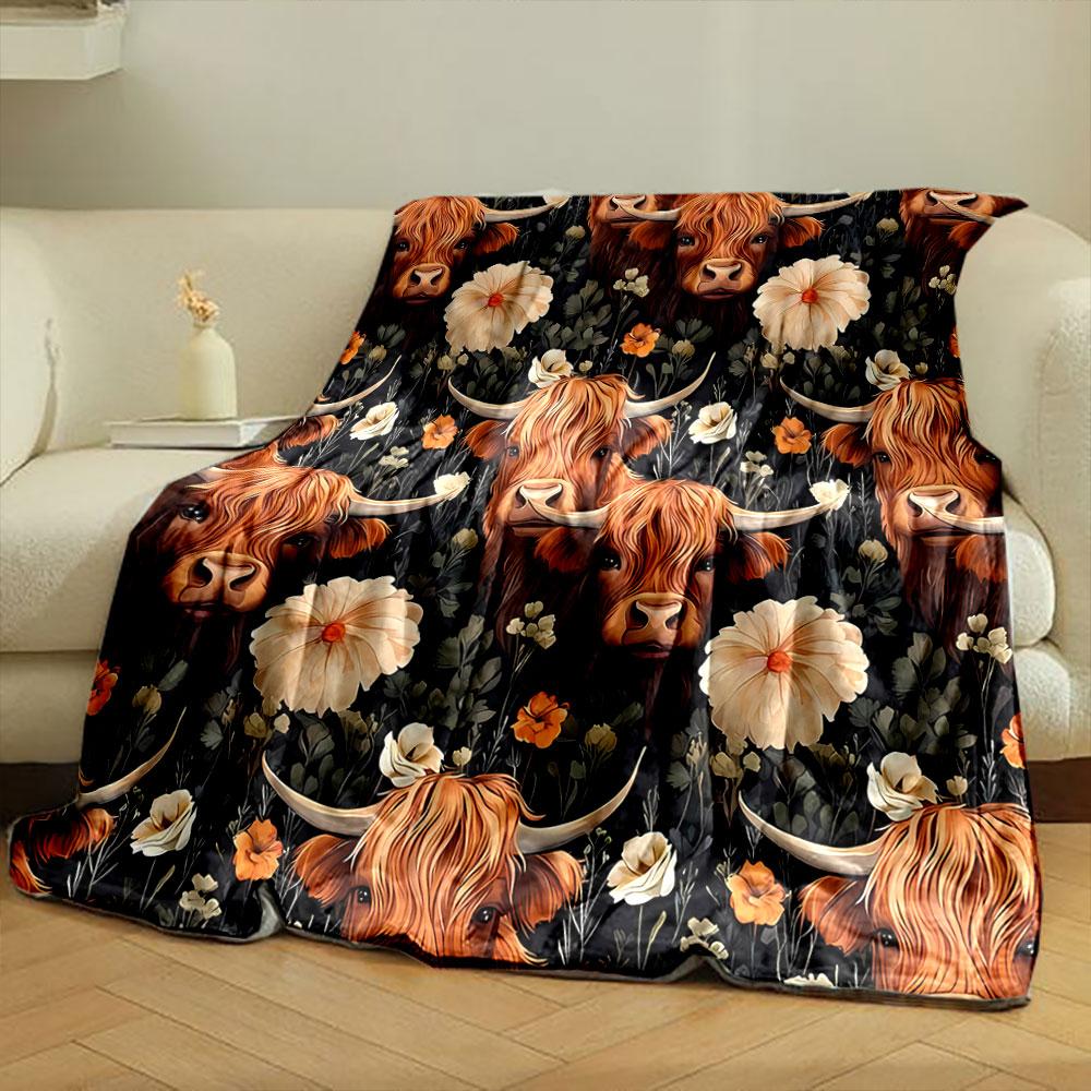Highland Cow Floral Print Blanket bedroom Blanket for Livingroom Couch lunch break Soft throw for Friend's festival Gift