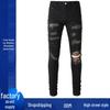 Heren Slim Fit Zwarte Gescheurde Denim Jeans met Snorharen