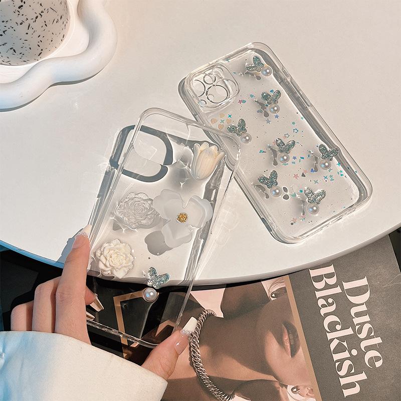 Xiaoqing Fresh Air Pearl Butterfly Flower Mobile Phone Case For Iphone16 Transparent 17P Rhinestone 15 Fine Hole 13