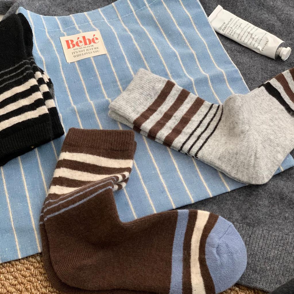 Vintage Maillard Contrasting Striped Mid-Leg Socks Women'S Season Birkenstockers Wool Warm Pile Socks