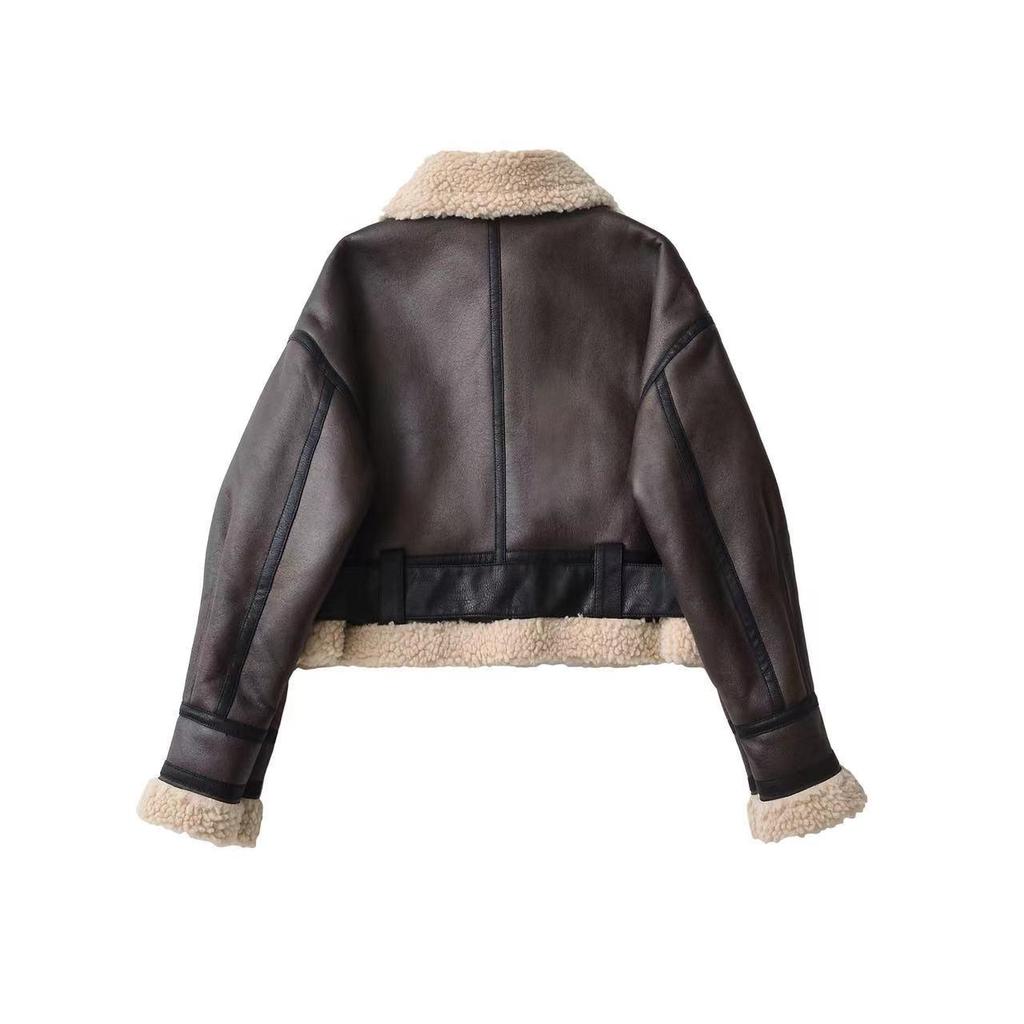 Chaqueta de Moto para Mujer Otoño/Invierno 2025 con Cuello Solapa de Piel Sintética