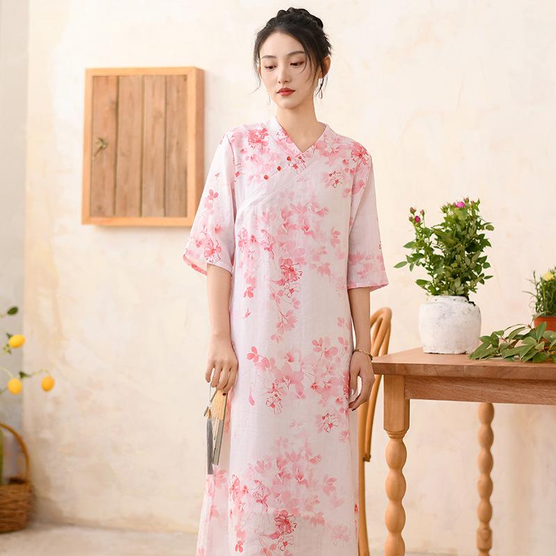 Johnature Women Vintage Print Floral Dress V-Neck Half Sleeve Button Summer Chinese Style A-Line Women Dresses