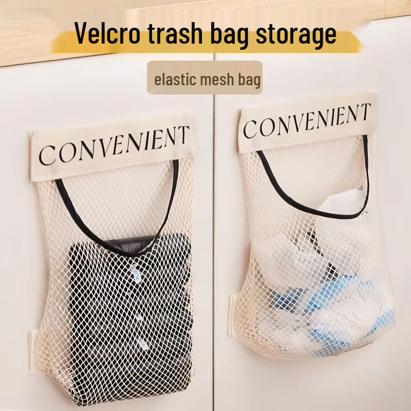 Wall-Mounted Large Capacity Kitchen Trash Bag Storage with Velcro Mesh Pocket