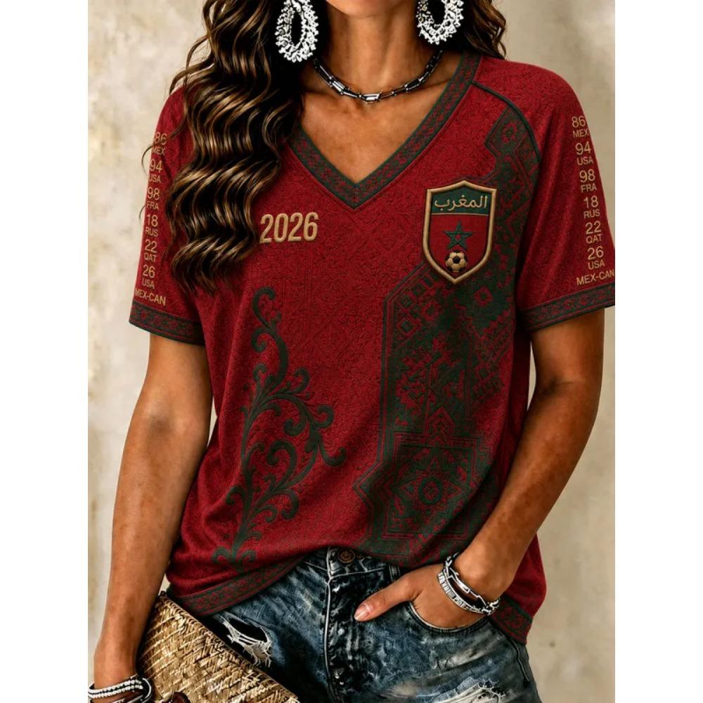 2026 Sommer Heißverkauf Familienpassend Marokko Fußball V-Ausschnitt T-Shirt, Deutsche Flagge Fan Kurzarm Schnelltrocknend Dünnes Jersey 4XL brown
