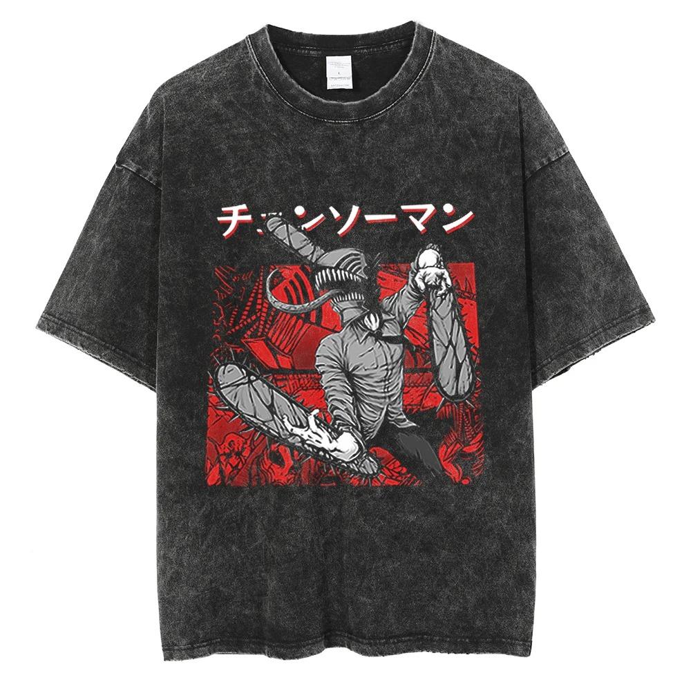 Chainsaw Man Power & Cat Blood Splatter Vintage Washed Anime T-Shirt, Unisex Manga Fan Streetwear Tee, 100% Cotton Casual Short Sleeve Top