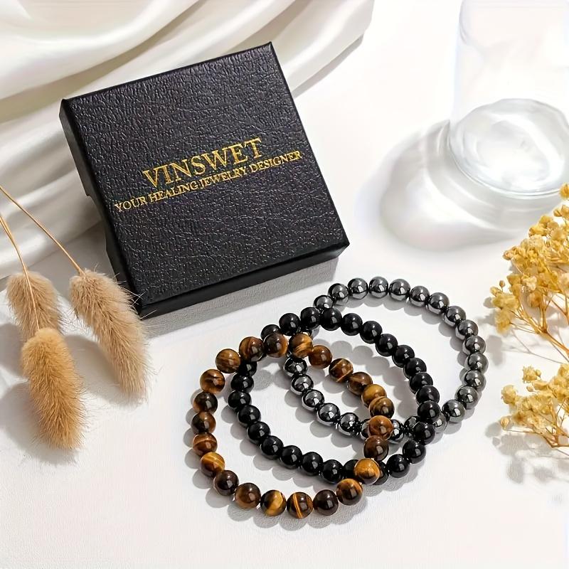 3pcs Mixed Material Bracelet Set | 8mm Tiger Eye + Ferromagnetic + Obsidian Beads, Handmade Elastic Spiritual Additions, Suitable