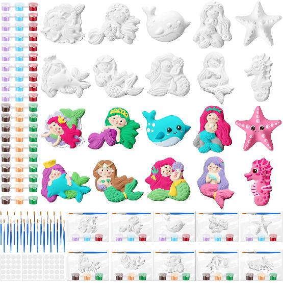 Simgoing 20 Set Mermaid DIY Painting Kit Ceramic to Paint Your Own Mermaid Statues Unpainted Plaster Figurines Brushes Acrylic Paints Bags Arts and