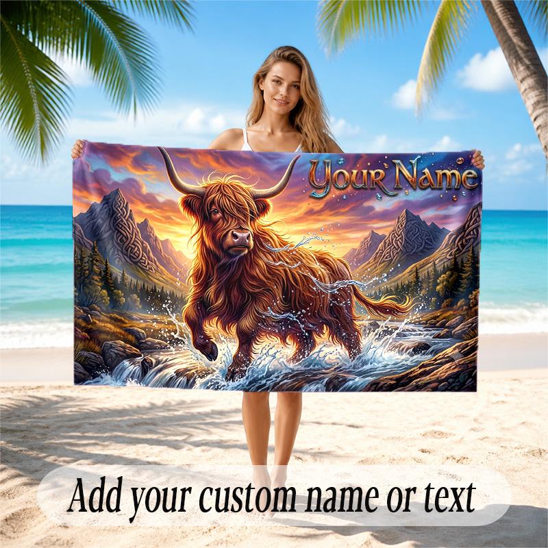 Highland Cow Theme Quick Dry Beach Towel Custom Name Text Print Large Sand Resistant Towel Beach Vacation