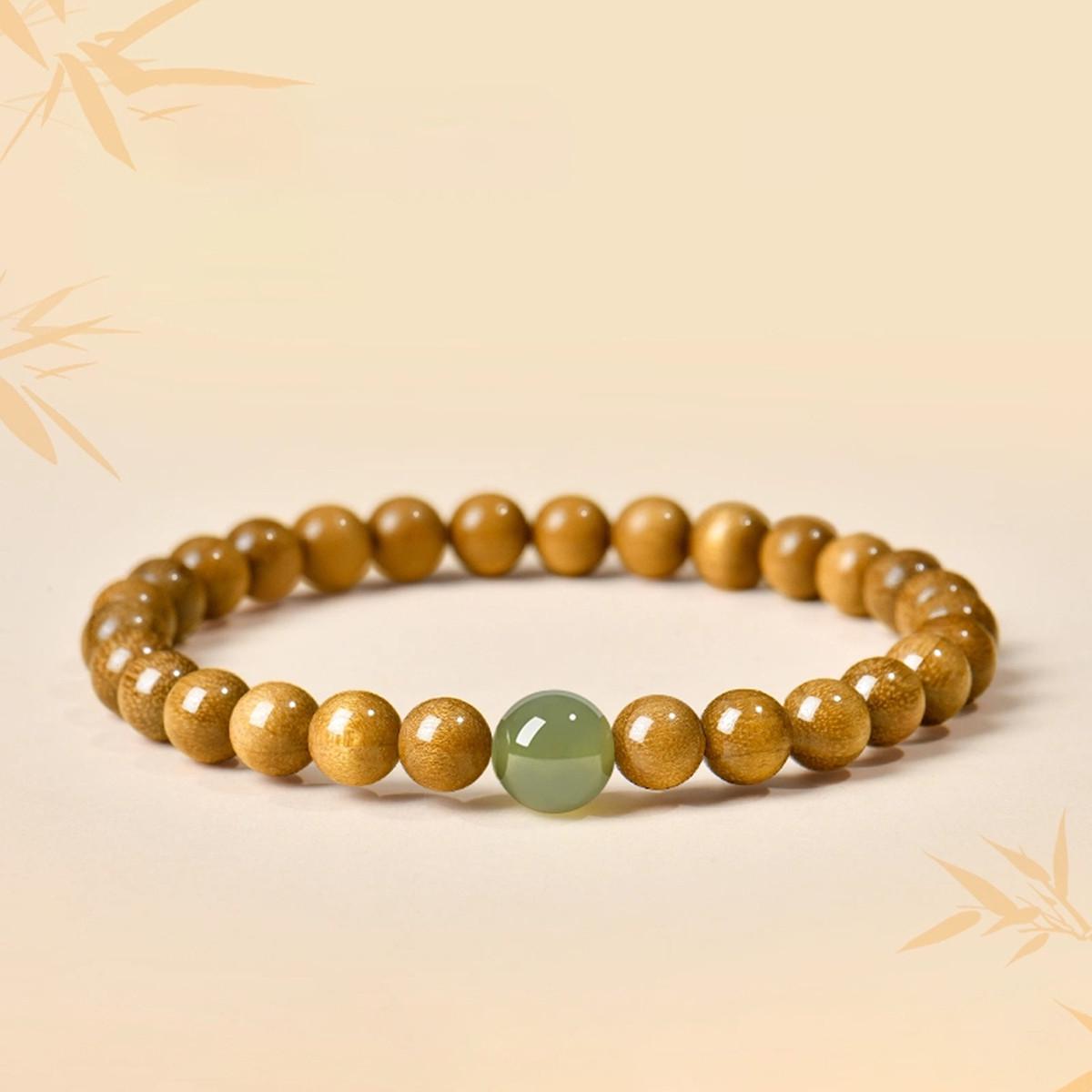 Natural Chinese Golden Phoebe Bead & Hetian Jade Rosary Bracelet 6mm