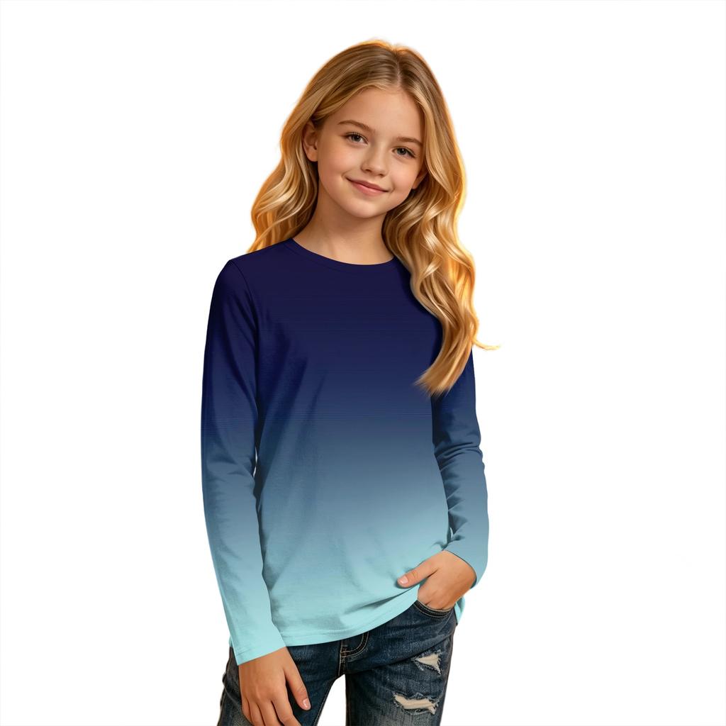 Kids' Round Neck Long Sleeve Gradient Print T-Shirt for Casual Everyday Wear