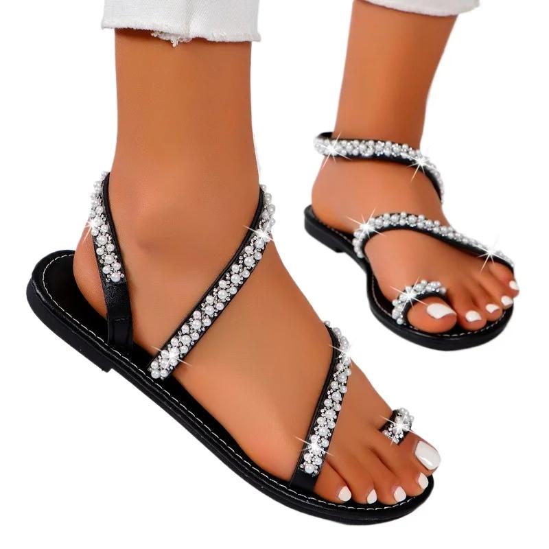 Modne buty damskie 2024 Gorąca wyprzedaż Wsuwane sandały damskie Letnie sandały z odkrytymi palcami Perły Jednolite Lekkie Outdoorowe Casualowe Płaskie Sandały w dużych rozmiarach