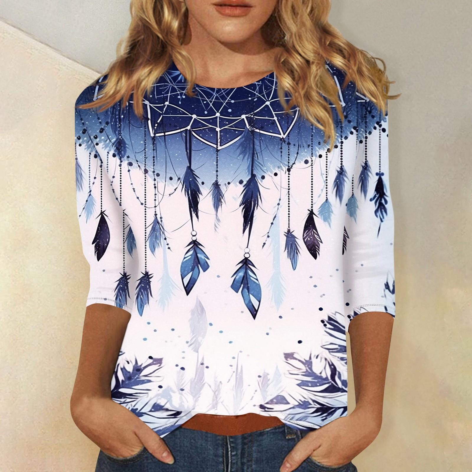 

Сорочки з рукавом 3/4 для жінок Трійники з принтом Блузки Повсякденні топи великих розмірів Пуловери XL синій