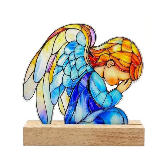 Desktop Decoration Ornaments with Solid Wood Base Acrylic Stained Glass Style Double Sided Suncatcher K