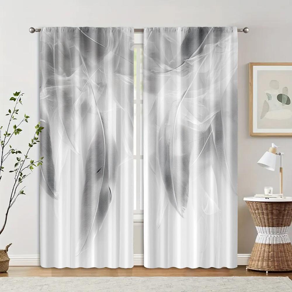 2pcs, Creative Curtains print Gray & White Feather Print Polyester (without rod) Decorations For Home Perfect for Living