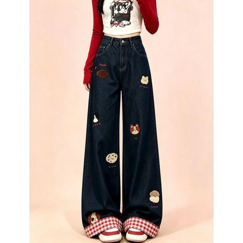 Hosen mit weitem Bein, schwarzes Handtuch-Stickdesign, Herbst-Jeans mit hohem Bund, dünn, gerade, Kinder