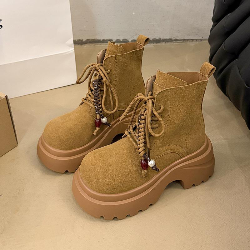 

Sweet and cool simple versatile casual Martin boots autumn and winter super thick heel thick sole women s boots British style lace up thick heel short 40 верблюд