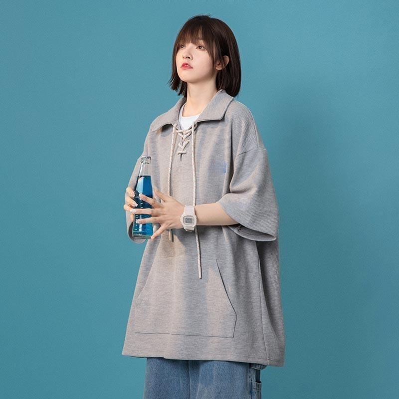 Women's Waffle T-shirt Summer Lapel Collar Drawstring Design Girls' Solid Tees Short Sleeve Casual Loose Oversized Tops