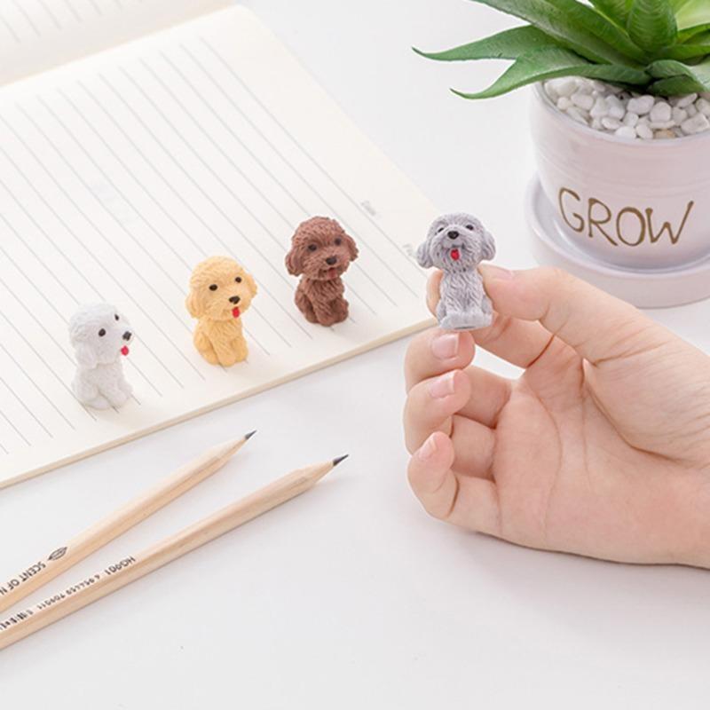 4Pcs/set  Cute Dog Pencil Cartoon Teddy Rubber Eraser Kids School Office Stationery Supplies