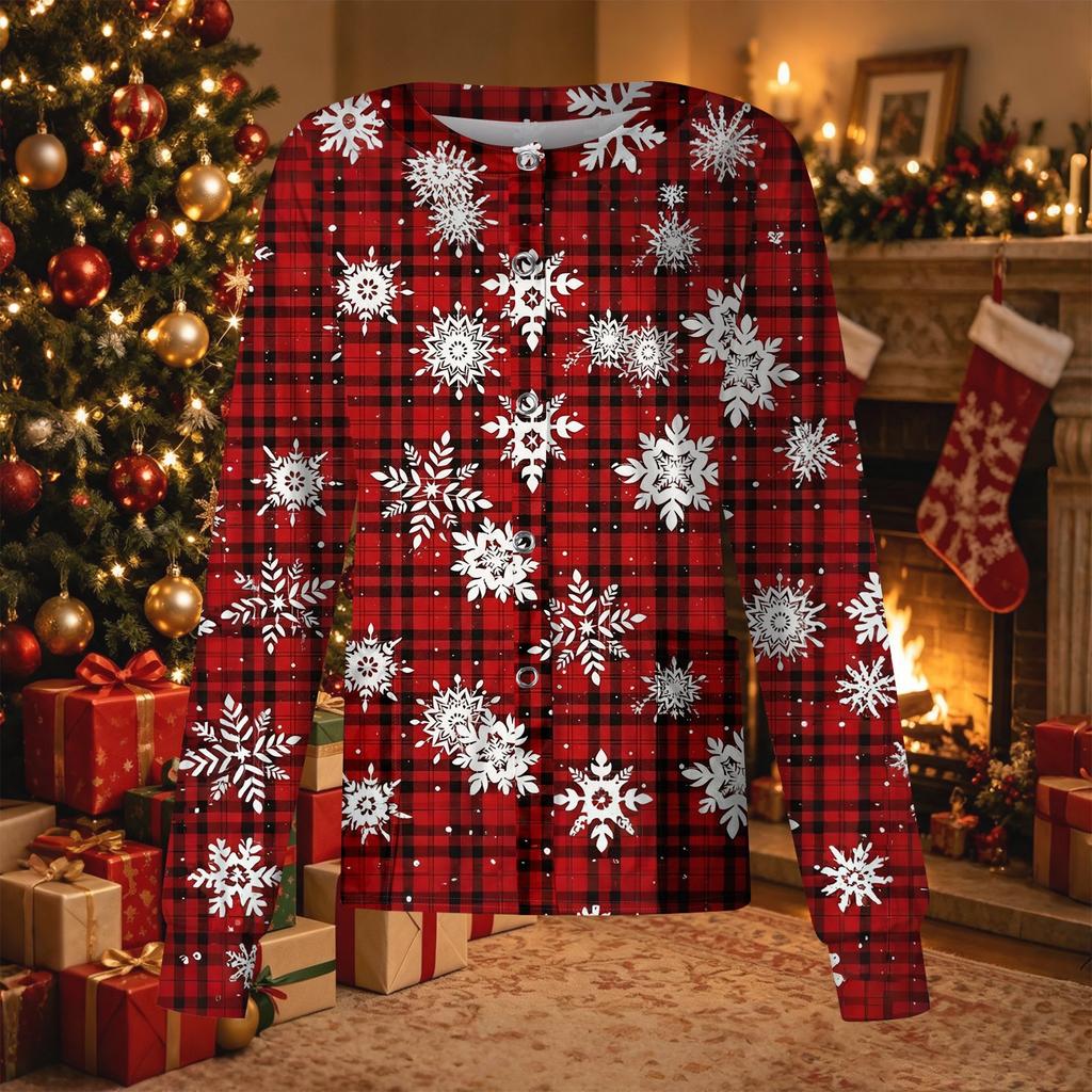 Women's Casual Christmas Print Long Sleeve Button Front Cardigan Scrub Top