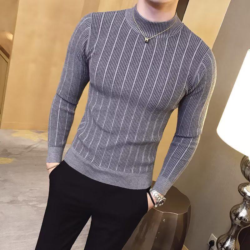 2026 Men's Striped Slim-Fit Knitwear: Autumn/Winter Long-Sleeved Half-High Neck Base Layer