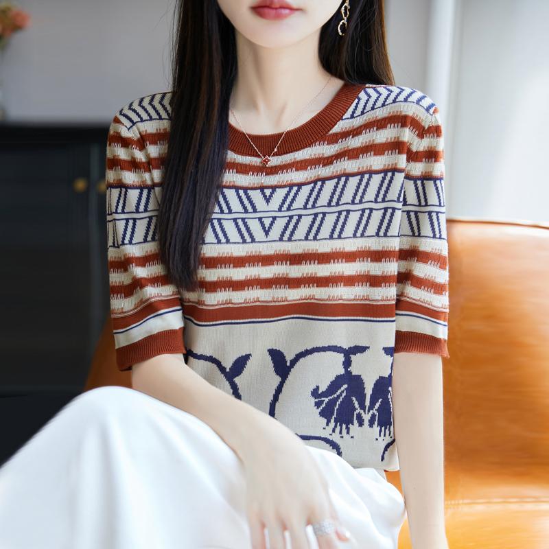 Women Knit T-shirt MODERN NEW SAGA Summer Knitted Shirt Short Sleeve Tees O-neck Patchwork Pullover Knit Tops