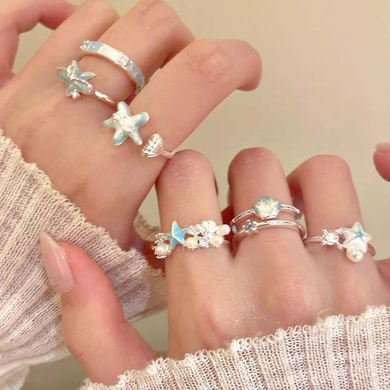 Sweet Blue Starfish Shell Rings for Women Fashion Imitation Pearl Open Rings Summer Seaside Vacation Jewelry Accessories