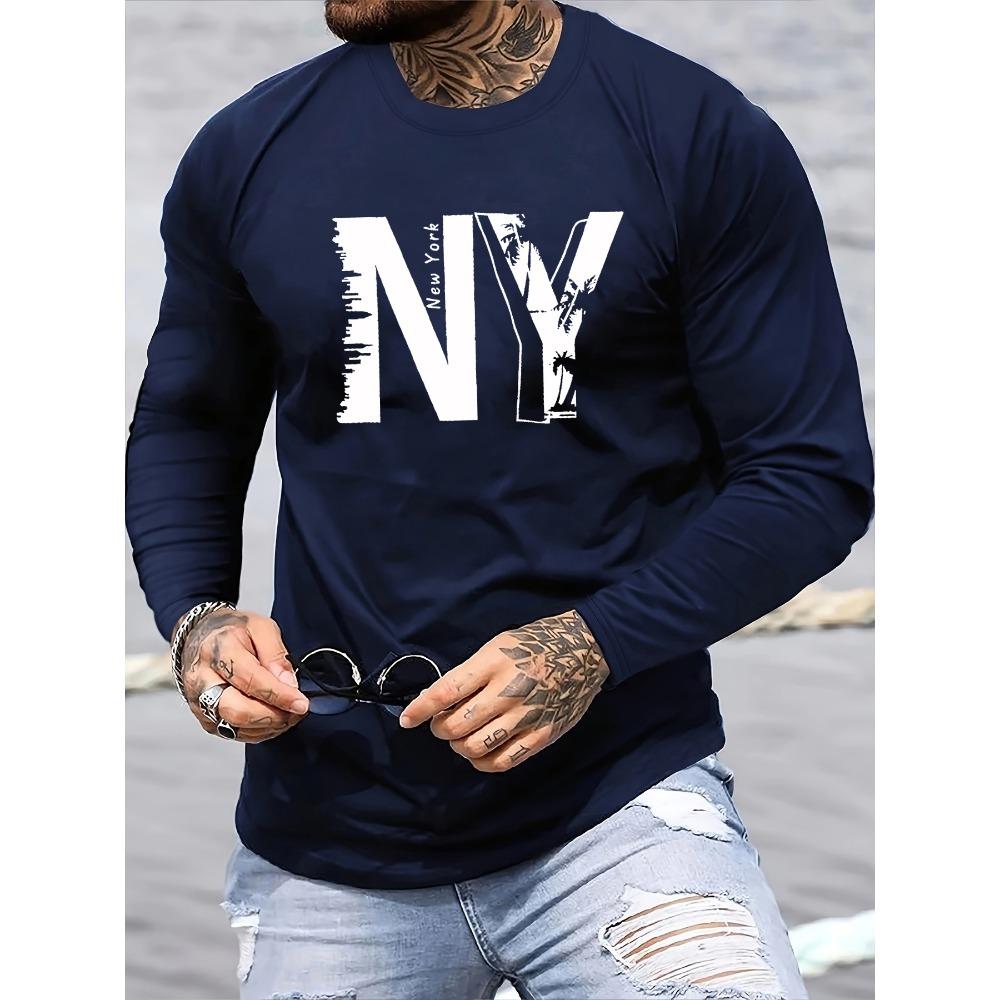 Men's Casual Sports New York NY Letter Printed Round Neck Long Sleeved T-shirt Top