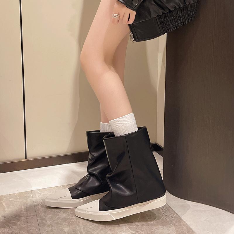 Fashion Women's Fashion Flat Cotton Boots Winter New Pointed Splicing Leather Sleeve Thick Soft Sole Non-slip Short Shoes