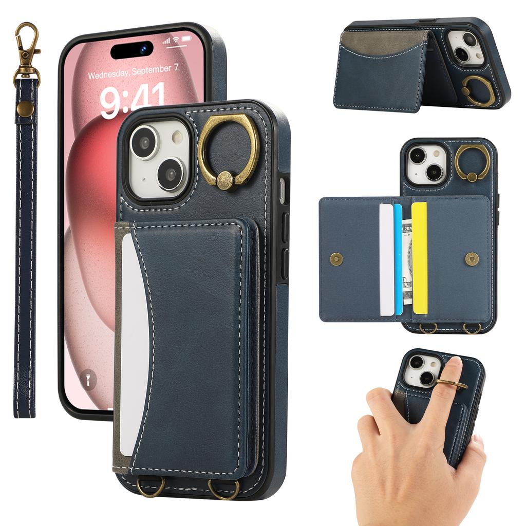 For iPhone 15 PU Leather Back Case Card Holder Kickstand Phone Cover with Wrist Strap